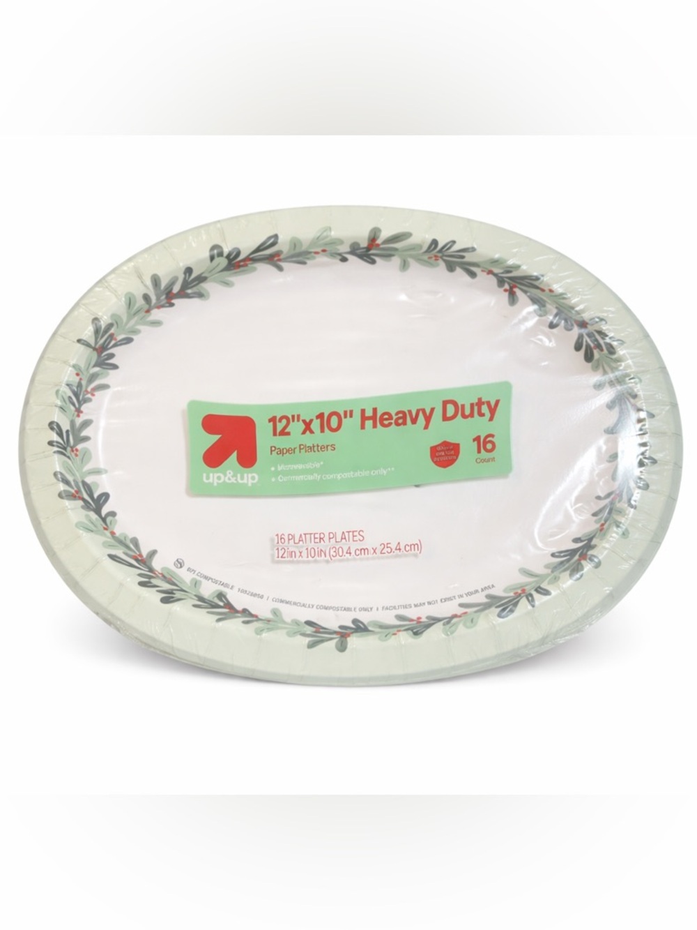 Green Holiday Wreath Heavy Duty Paper Platters - 16 Count